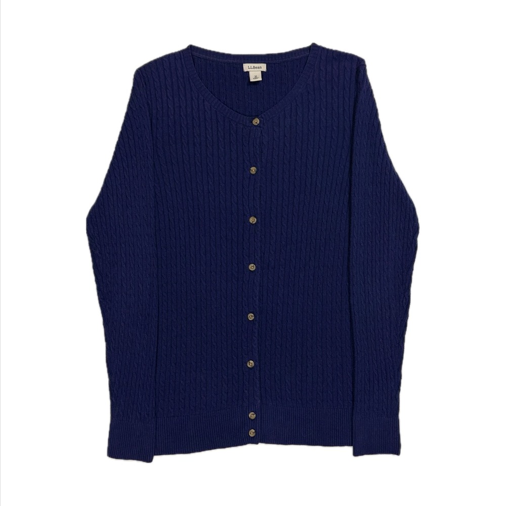 LL Bean cotton merino wool blend blue cable knit cardigan sweater women's medium